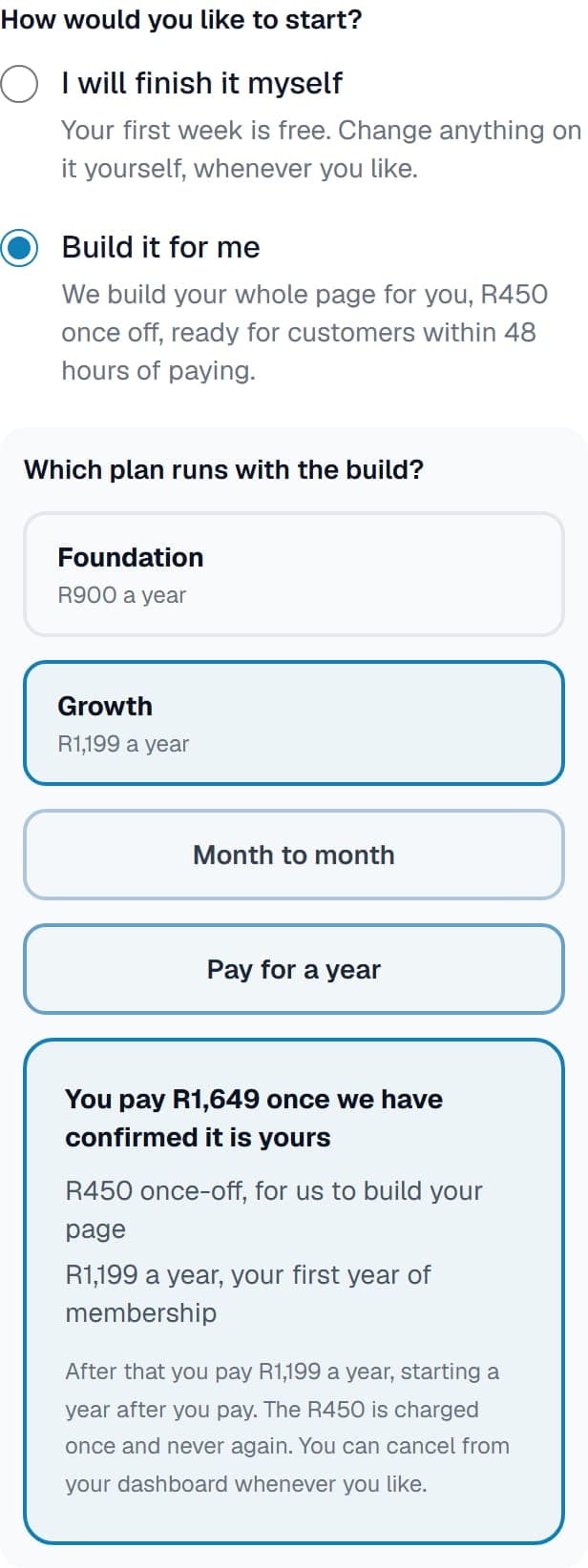 The claim form with Build it for me chosen, showing the plans and what the owner pays