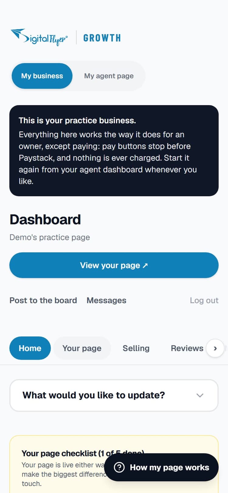 The practice business dashboard, with the note that nothing is ever charged