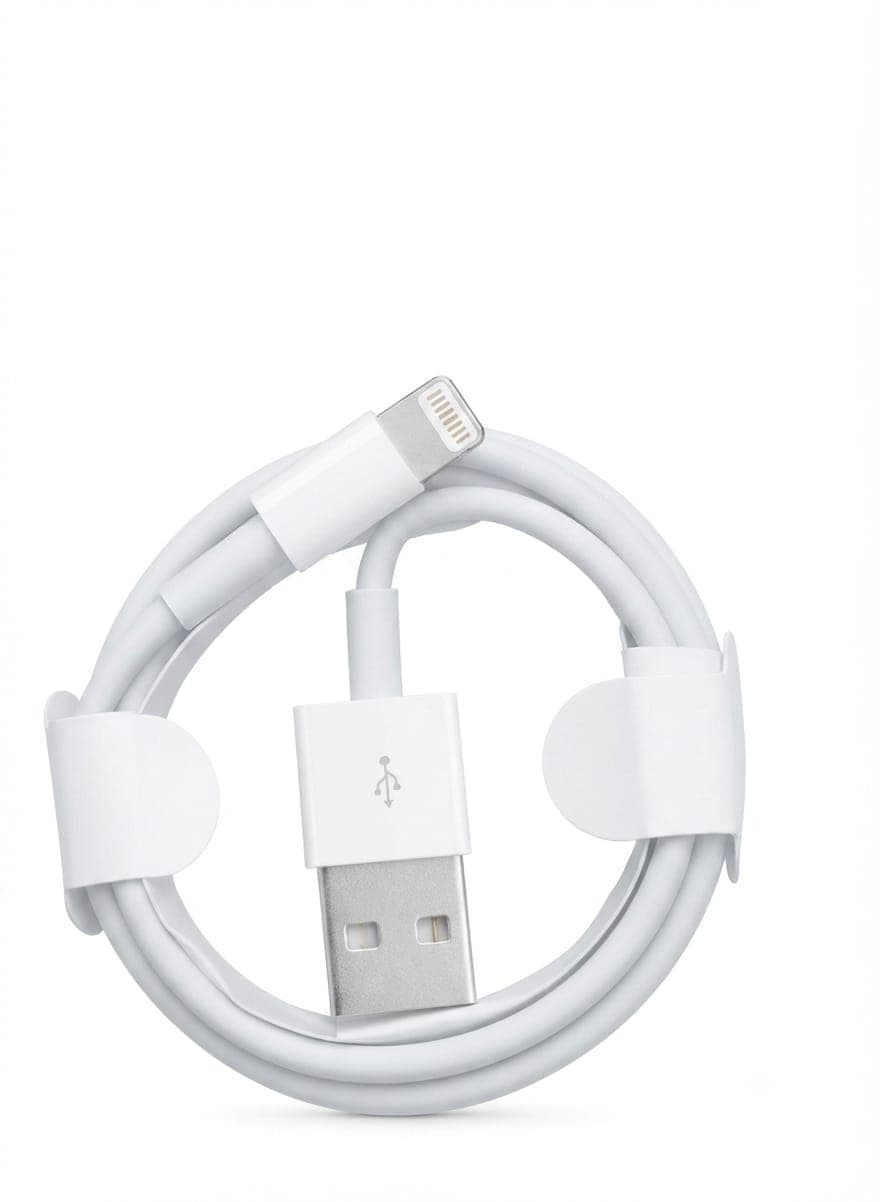 USB-A to Lightning charging and data sync cable typically used for iPhones, iPads, and iPods.
