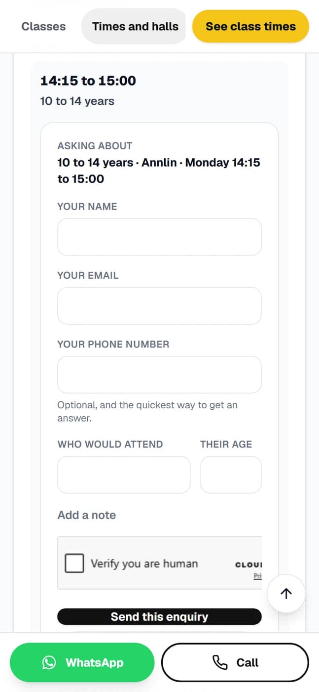 A class enquiry asking who would attend and their age, as well as the parent's name, email and phone
