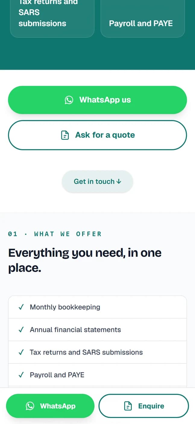 A bookkeeper's page listing bookkeeping, payroll, VAT and annual returns